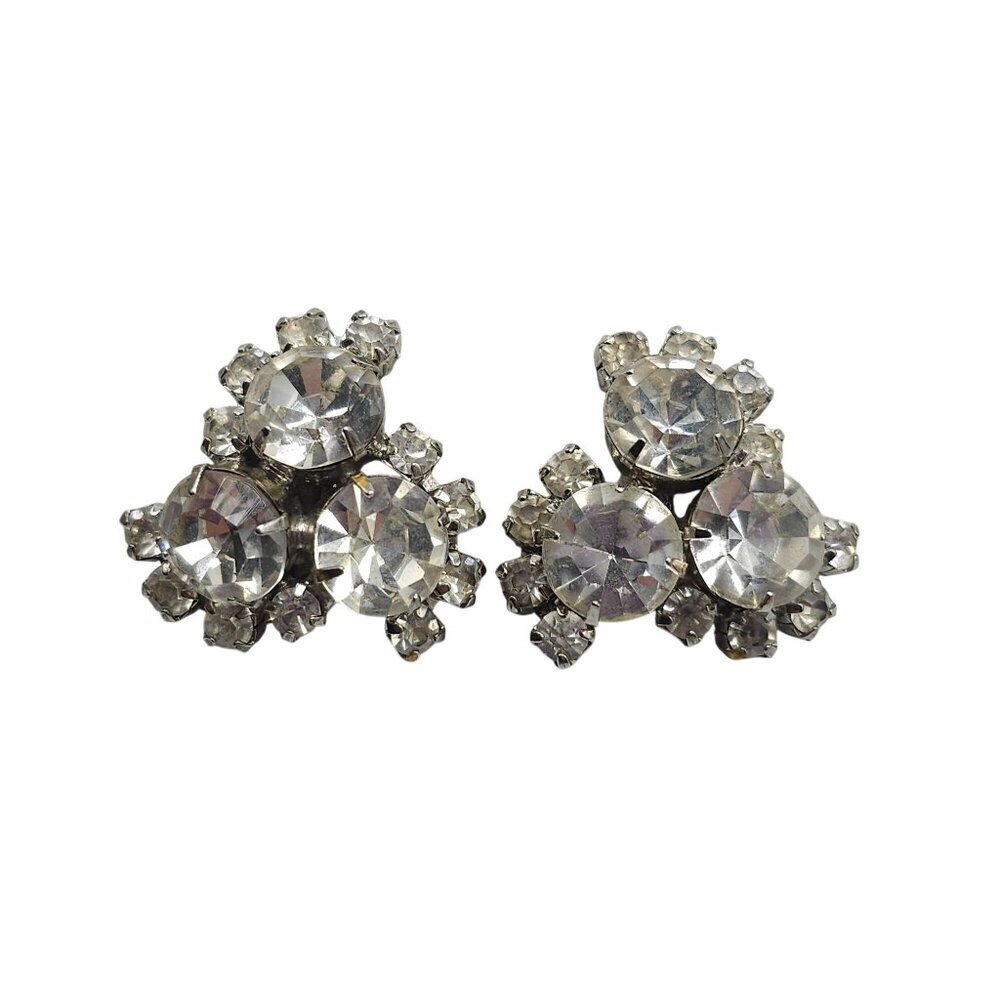 Vintage Rhinestone Cluster Clip-On Earrings Silver-Tone 1 Inch 1940s Glam